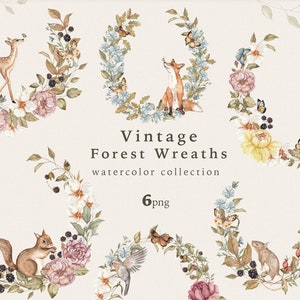 Clipart foresta vintage ad acquerello, ghirlanda di boschi, rose di fiori selvatici, animali botanici floreali, biglietto d'invito per matrimonio, cervo volpe scoiattolo PNG