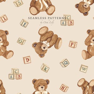 Vintage Teddy Bear and Blocks Seamless Pattern, Watercolor Nursery Baby Bear, Cute Toy Fabric Print, Printing Textile, Digital Scrapbook PNG