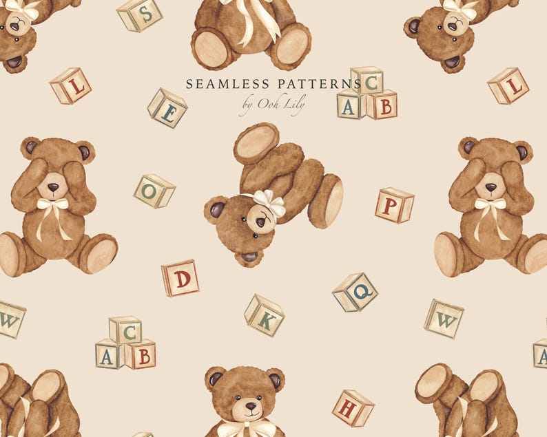 Vintage Teddy Bear and Blocks Seamless Pattern, Watercolor Nursery Baby Bear, Cute Toy Fabric Print, Printing Textile, Digital Scrapbook PNG