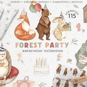 Waldtiere Clipart Aquarell niedliche Bär Hase Fuchs Igel Geburtstagsparty Baby Mädchen Junge Kinder Wald Kinderzimmer Muster Dusche Karte PNG