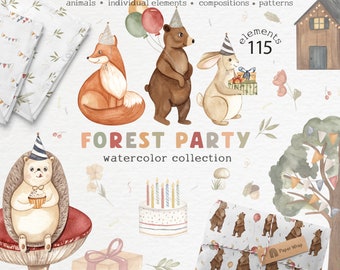 Watercolor Woodland Animals Clipart: Forest Party PNG (Digital Download)