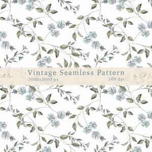 May include: A seamless pattern featuring delicate blue flowers and green leaves on a white background. The pattern is 5000x5000 pixels and 500 dpi. The text "Vintage Seamless Pattern" is included in the image.