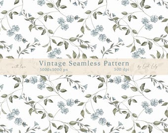 Watercolor Blue Floral Vintage Seamless Pattern (PNG Digital Download)