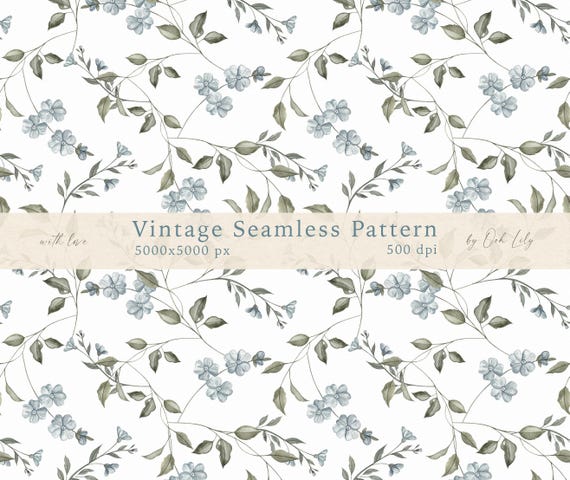 Watercolor Blue Floral Vintage Seamless Pattern (PNG Digital Download)