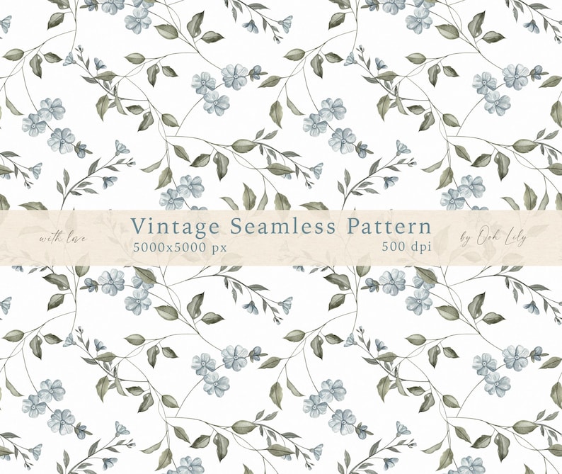 May include: A seamless pattern featuring delicate blue flowers and green leaves on a white background. The pattern is 5000x5000 pixels and 500 dpi. The text "Vintage Seamless Pattern" is included in the image.
