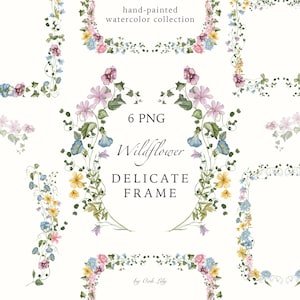 Op de afbeelding: Een verzameling handgeschilderde aquarel wilde bloemen frames in verschillende vormen. De frames tonen delicate bloemstukken in roze, blauw, geel en groen, met de tekst "Wildflower Delicate Frame" en "6 PNG".