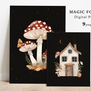 Arte de pared Bosque Impresiones digitales Acuarela Bosque mágico Cartel de bosque Animal Clipart Hongo Luna Mariposa Místico Pared Imprimible PNG