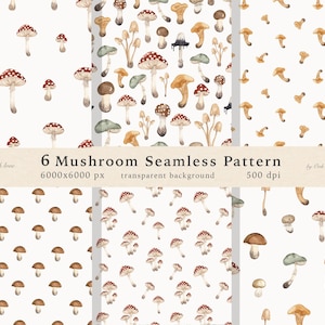 May include: Six seamless mushroom patterns in watercolor style. The mushrooms are in various colors, including red, brown, and tan, with white backgrounds. The text "6 Mushroom Seamless Pattern" is displayed.
