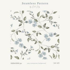 May include: Seamless pattern featuring delicate blue flowers and green leaves on a white background. The pattern is perfect for creating digital or printed designs.