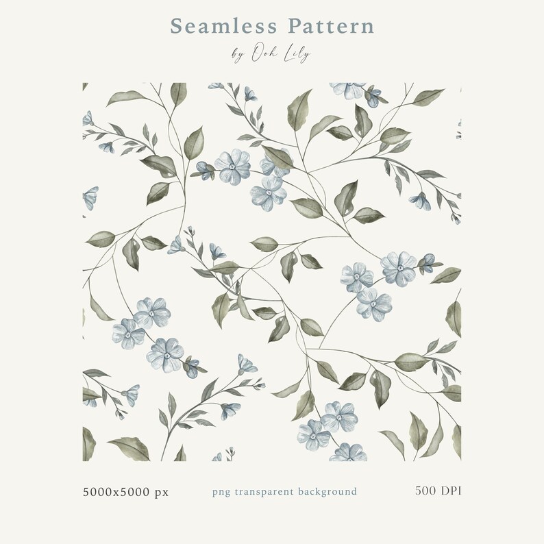 May include: Seamless pattern featuring delicate blue flowers and green leaves on a white background. The pattern is perfect for creating digital or printed designs.