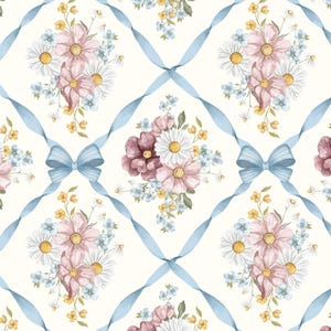 Watercolor Coquette Pattern, Summer Seamless Pattern, Vintage Bow and Floral, Blue Pink Tinny, Nursery Digital Print, Textile Commercial Use