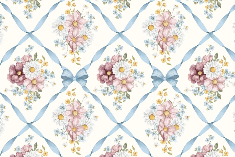 Watercolor Coquette Pattern, Summer Seamless Pattern, Vintage Bow and Floral, Blue Pink Tinny, Nursery Digital Print, Textile Commercial Use
