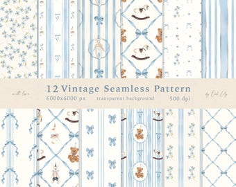 Watercolor Vintage Blue Seamless Pattern: Nursery Toys, Bows, Floral Print (PNG Digital Download)