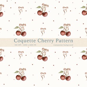 Coquette Cherry Seamless Pattern: Watercolor Bow Cherry, Girly Fabric Print (Digital Paper PNG)