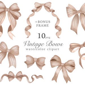 Aquarelle vintage noeud beige, noeud marron avec des cliparts à rayures, cadre de ruban, baby shower, faire-part de mariage PNG, tendre collection décorative