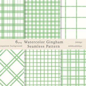 May include: Six watercolor gingham seamless patterns in shades of green and white. The patterns include various grid and plaid designs. The image also includes the text: "6 png, transparent background, Watercolor Gingham Seamless Pattern, 300dpi, 6000x6000px."