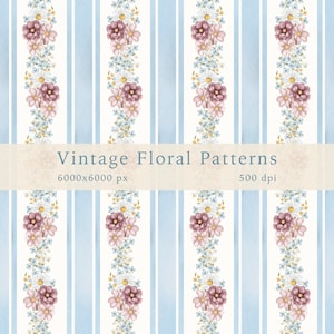 Motivo floreale vintage ad acquerello, motivo a strisce blu senza soluzione di continuità, stampa di fiori primaverili, da utilizzare per la stampa su tessuto, carte per album digitali PNG