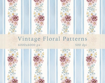 Aquarell Vintage Blumenmuster: Blauer Streifen (PNG Digital Download)