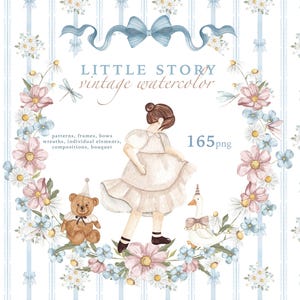Clipart aquarelle pour chambre d'enfant, modèle sans couture coquette, illustration pour petit enfant, jouet vintage, noeuds floraux, décoration pour bébé, impression textile PNG