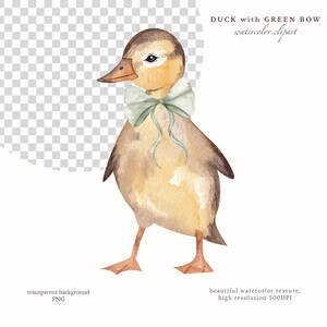 Green Bow Ducks Vintage Watercolor Clipart, Rustic Duckling Farm, Country Cottage Nursery Decor, Barnyard Animal Digital PNG, Commercial Use