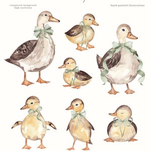 Green Bow Ducks Vintage Watercolor Clipart, Rustic Duckling Farm, Country Cottage Nursery Decor, Barnyard Animal Digital PNG, Commercial Use