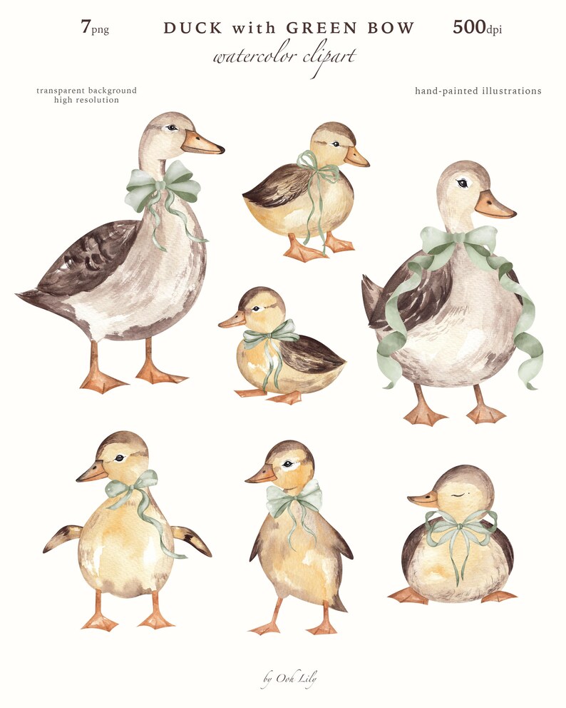 Green Bow Ducks Vintage Watercolor Clipart, Rustic Duckling Farm, Country Cottage Nursery Decor, Barnyard Animal Digital PNG, Commercial Use