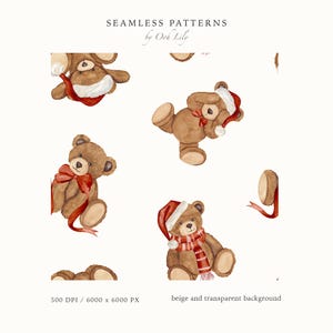 Christmas Teddy Bear Seamless Pattern: Watercolor Nursery Fabric Print (PNG Digital Download)