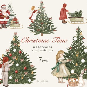 Vintage Christmas Composition Watercolor Clipart, Christmas Tree, Cozy Holiday Decor, Winter Cute Kids, Santa Claus Post Card, Digital PNG