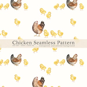 Könnte beinhalten: Ein nahtloses Muster mit Aquarellillustrationen von Hühnern und Küken auf weißem Hintergrund. Die Hühner sind braun und grau, während die Küken gelb sind. Der Text "Chicken Seamless Pattern" wird angezeigt.