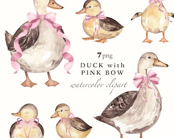 Pink Bow Duck Watercolor Clipart: Nursery Animal PNG (500 DPI, Commercial Use)