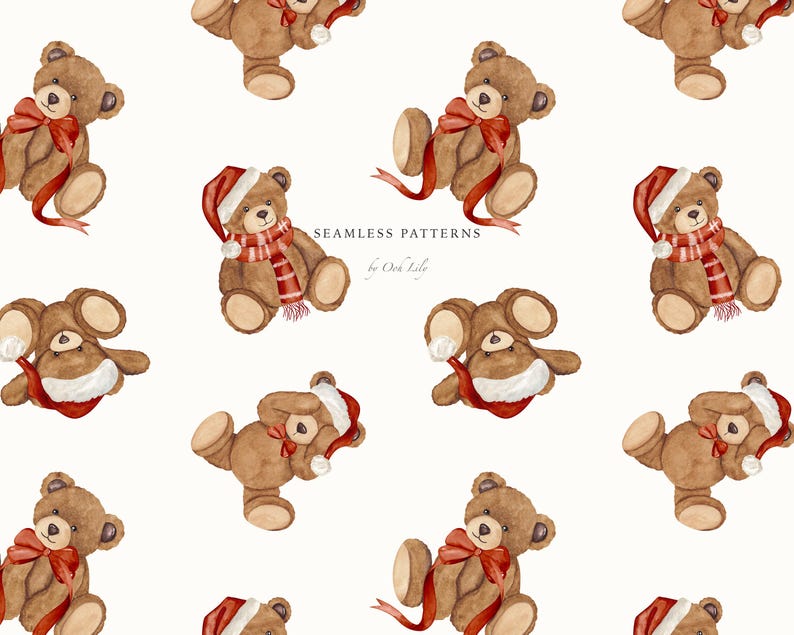 Christmas Teddy Bear Seamless Pattern: Watercolor Nursery Fabric Print (PNG Digital Download)
