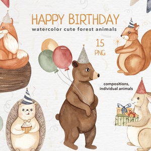 ハッピーバースデーの森の動物のクリップアート、水彩画の森、子供のクマとキツネ、ベビーシャワー、パーティーのポストカード、子供の招待状、かわいい保育園のPNG