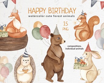 Watercolor Forest Animal Clipart: Birthday Party PNG (Digital Download)