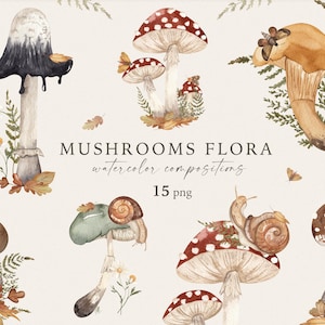 Paddestoelen flora aquarel composities, herfst paddestoelen clipart, bos herfst, herfst compositie, varens vliegenzwam, elementen sublimatie png