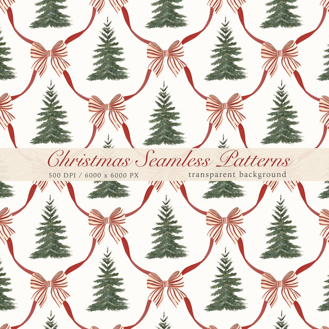 Christmas Watercolor Seamless Pattern: Red Bows & Trees (PNG Digital ...
