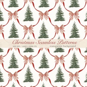 May include: A seamless pattern featuring watercolor Christmas trees, red bows with striped accents, and red ribbons on a white background. The image includes the text "Christmas Seamless Patterns" and details about the image resolution and background type.