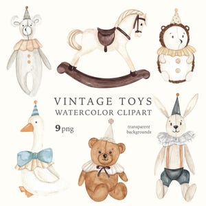 Clipart de animal de berçário em aquarela, brinquedos vintage, decoração de animais fofos, convite para chá de bebê, cavalo de balanço, festa de recém-nascido de brinquedo, scrapbooking PNG