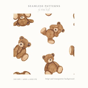 Watercolor Teddy Bear Seamless Pattern, Vintage Nursery Baby Bear, Cute Boho Neutral Toy Bear Print, Printing Textile, Digital Scrapbook PNG