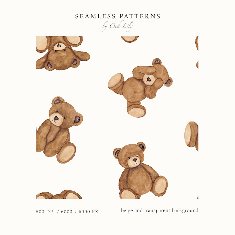 Watercolor Teddy Bear Seamless Pattern, Vintage Nursery Baby Bear, Cute Boho Neutral Toy Bear Print, Printing Textile, Digital Scrapbook PNG