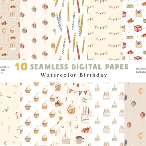 Geburtstag Digitales Papier Set Nahtlose Muster Geburtstagsparty Clipart Niedlich Lustig Aquarell Geburtstag Hintergrund Ballon Konfetti Kommerzielle Nutzung