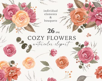 Watercolor Autumn Floral Clipart: Cozy Flower Bouquets (PNG Digital Download)