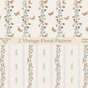 Aquarel vintage naadloze bloemmotief kleine blauwe bloemen vlinders kwekerij print textiel scrapbook papier digitaal papier afdrukken, PNG