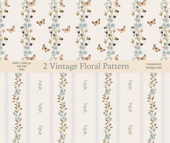 Watercolor Floral Seamless Pattern: Vintage Blue Flowers, Butterflies (PNG)
