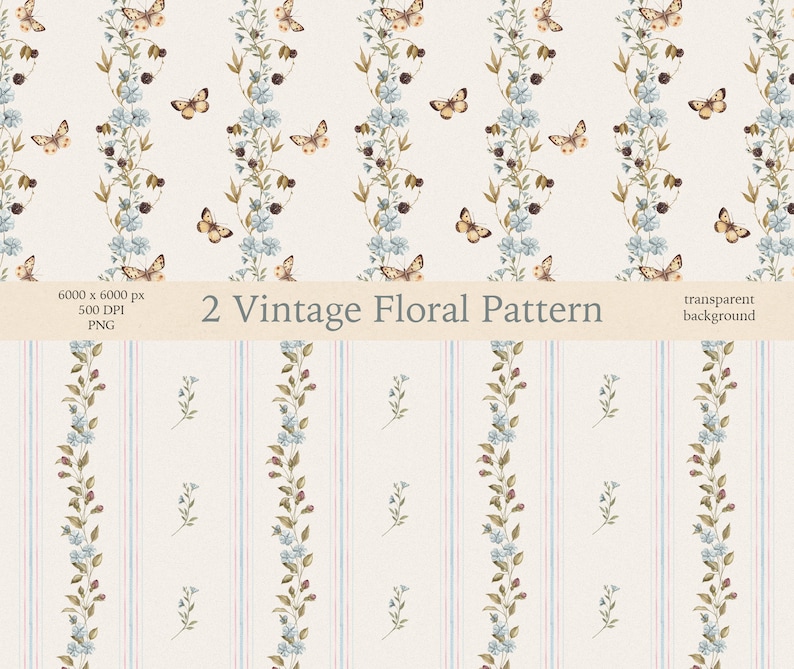 K&ouml;nnte beinhalten: Zwei nahtlose Muster mit einem Vintage-Blumendesign mit blauen Blumen, gr&uuml;nen Bl&auml;ttern und braunen Schmetterlingen auf wei&szlig;em Hintergrund. Der Text "2 Vintage Floral Pattern" wird in der Mitte des Bildes angezeigt.