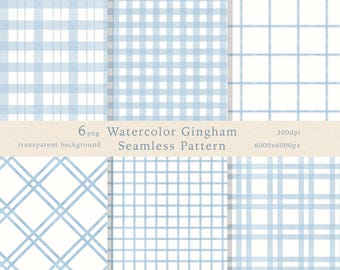 Watercolor Gingham Seamless Pattern, Light Blue Plaid (PNG Digital Paper)