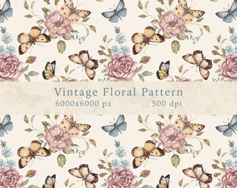 Vintage Floral Butterfly Pattern, Watercolor Roses Seamless Design (PNG/PSD)
