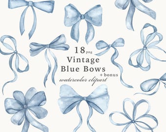 Imágenes prediseñadas de lazos azules vintage en acuarela, ilustraciones pintadas a mano con cinta coqueta (descarga digital PNG)