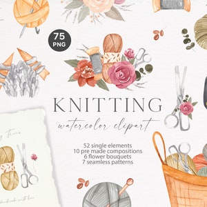 Aquarell Stricken Clipart, Stricken Logo, Zubehör Häkeln, Stricken Werkzeuge Wolle, Handgemacht, Garn Gemütlichkeit, Fäden Blumen, Blumensträuße PNG