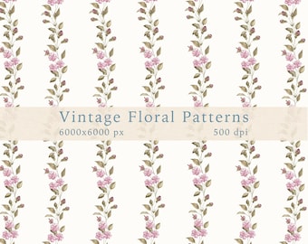 Floral Stripes Seamless Pattern: Watercolor Pink Flowers, Cottagecore Digital Paper (PNG)