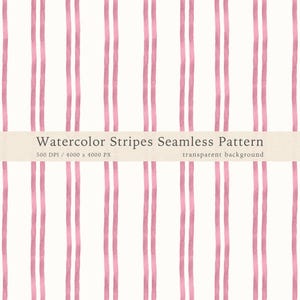 May include: A seamless pattern featuring vertical watercolor stripes in a soft pink hue against a white background. The image includes the text "Watercolor Stripes Seamless Pattern" with resolution details.